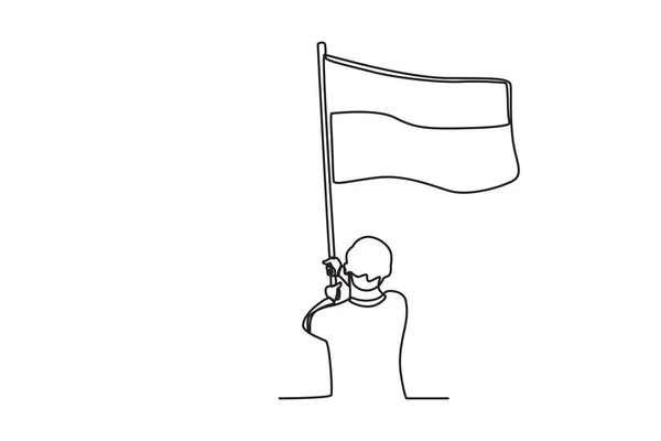 旗を掲揚する男のバックビュー インドネシア独立記念日オンラインドローイング — ストックベクタ