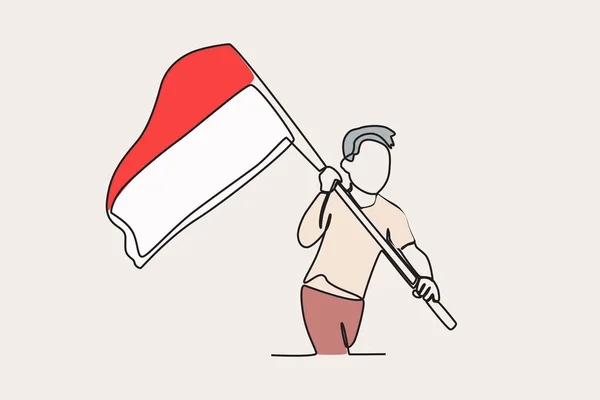 Illustrazione Colori Uomo Che Corre Con Una Bandiera Indonesia Indipendenza — Vettoriale Stock