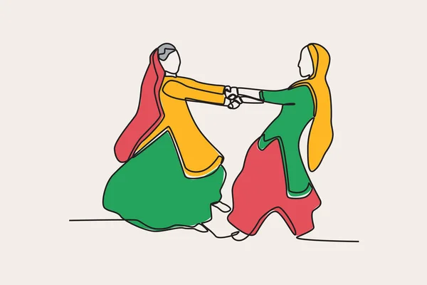 Ilustração Colorida Duas Mulheres Dançando Festival Teej Desenho Uma Linha —  Vetores de Stock