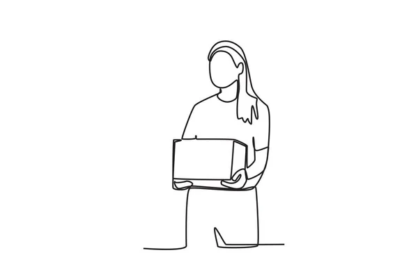 一个女人带着一个盒子去帮助别人 世界人道主义日单线绘图 — 图库矢量图片