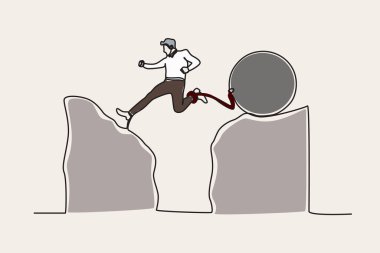 Ayağında ağırlıkla atlayan bir adamın renkli çizimi. Çalışma engeli tek satırlık çizim