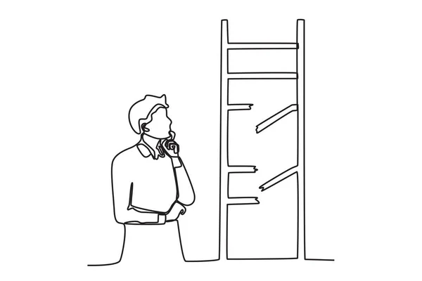 Ένας Άντρας Κοιτάζει Μια Σπασμένη Σκάλα Σχέδιο Μιας Γραμμής Εμποδίου — Διανυσματικό Αρχείο