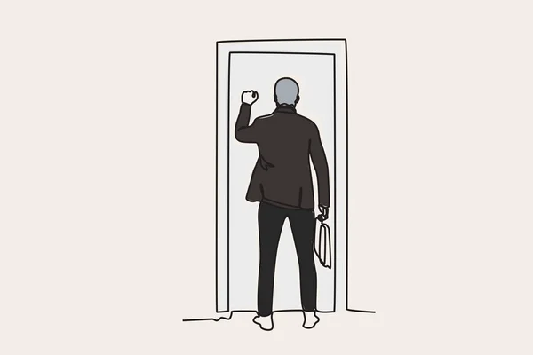 ドアをノックするビジネスマンのカラフルなイラスト 作業障害物オンライン図面 — ストックベクタ