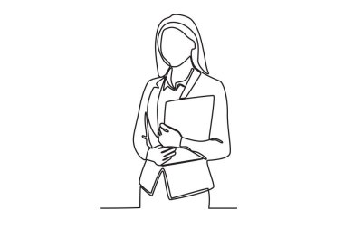 Elinde belge tutan bir iş kadını. İş kadını tek satırlık çizim