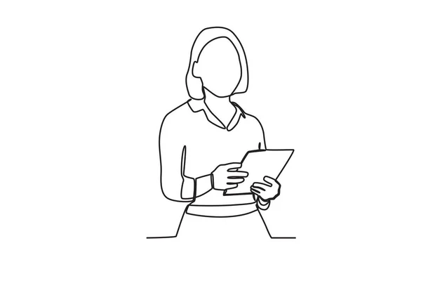一个留短发的女人看办公室文件 商业妇女单线绘图 — 图库矢量图片