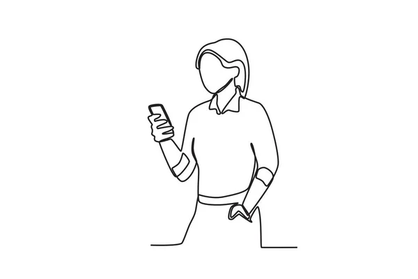 一个拿着手机的女商人商业妇女单线绘图 — 图库矢量图片