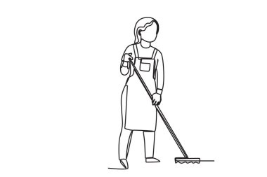 Bir hademe yerleri paspasladı. Temizlik servisi tek satırlık çizim