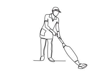 Bir hademe yerleri paspasladı. Temizlik servisi tek satırlık çizim