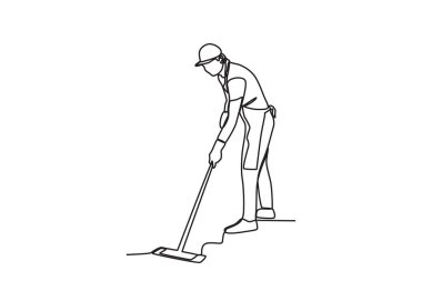 Bir hademe yerleri paspasladı. Temizlik servisi tek satırlık çizim