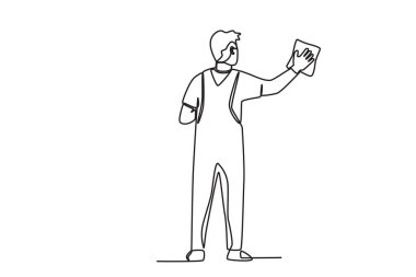 Bir hademe yerleri paspasladı. Temizlik servisi tek satırlık çizim