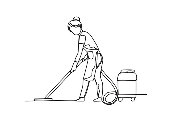 Ein Hausmeister Wischte Den Boden Reinigungsdienst Einzeilige Zeichnung — Stockvektor