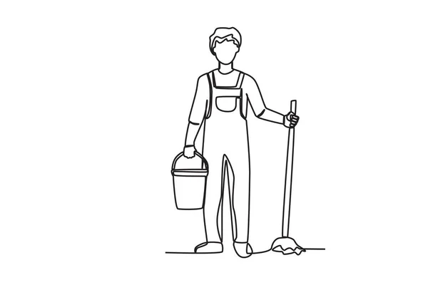 Ein Hausmeister Wischte Den Boden Reinigungsdienst Einzeilige Zeichnung — Stockvektor