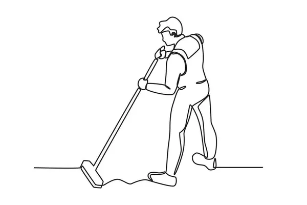 Bir Hademe Yerleri Paspasladı Temizlik Servisi Tek Satırlık Çizim — Stok Vektör