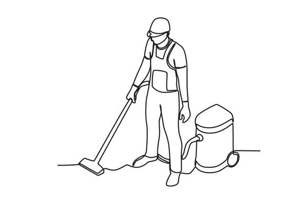 Woźny Umył Podłogę Usługi Sprzątania Rysunek Jednoliniowy — Wektor stockowy