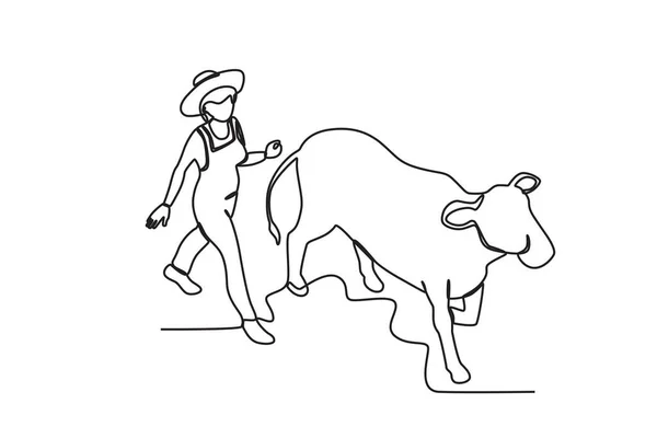 Berger Conduit Une Vache Dessin Une Ligne Pour Les Agriculteurs — Image vectorielle