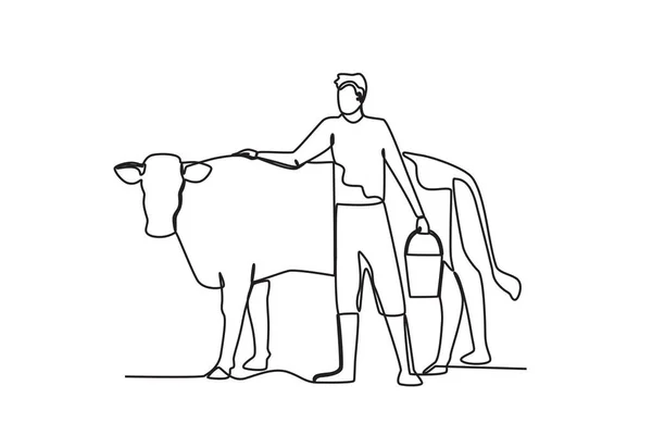 Pastýř Nažene Krávu Jednořádková Kresba Pro Zemědělce Skot — Stockový vektor