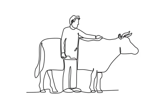 Ein Hirte Hütet Eine Kuh Bauern Und Rinder Einer Linie — Stockvektor