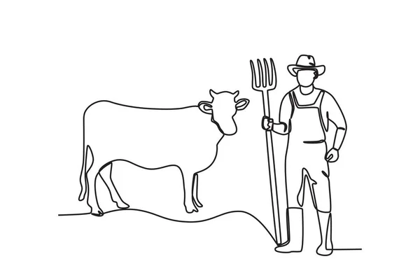 Pastor Pastorea Una Vaca Dibujo Una Línea Para Agricultor Ganado — Archivo Imágenes Vectoriales