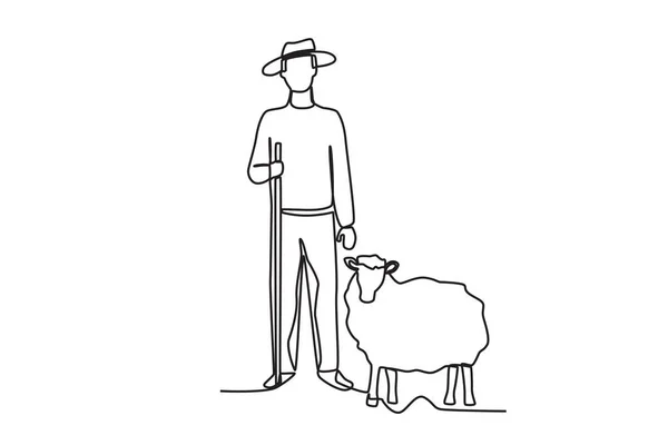 Pásztor Tehenet Terel Mezőgazdasági Termelő Szarvasmarha Egysoros Rajza — Stock Vector