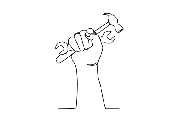 Hand Holding Tool Labor Day One Line Drawing — Stock Vector