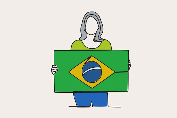 ブラジル国旗を掲げる女性のカラーイラスト Setembo ワンラインドローイング — ストックベクタ