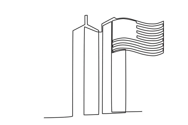 Флаг Сша Пролетел Над Башнями Всемирного Торгового Центра Однострочный Рисунок — стоковый вектор