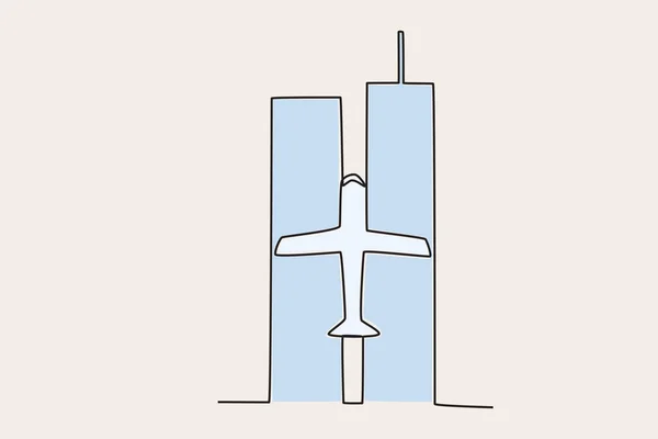 Кольорові Ілюстрації Атаки Літаків Вежі Wtc 911 Однорядковий Малюнок — стоковий вектор