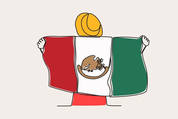 Ilustración Color Hombre Sosteniendo Una Bandera Mexicana Espalda Dibujo Una — Vector de stock