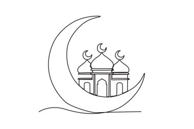 Bir cami ve hilal. Mawlid tek satırlık çizim