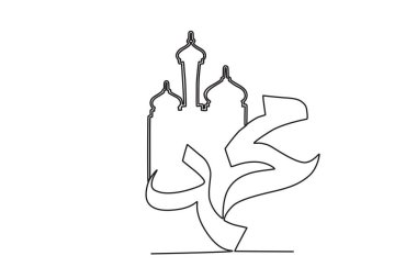 Kaligrafi tasarımı olan bir cami. Mawlid tek satırlık çizim
