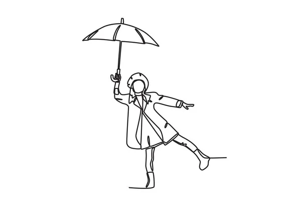 Woman Posing Umbrella Autumn One Line Drawing — Stock Vector
