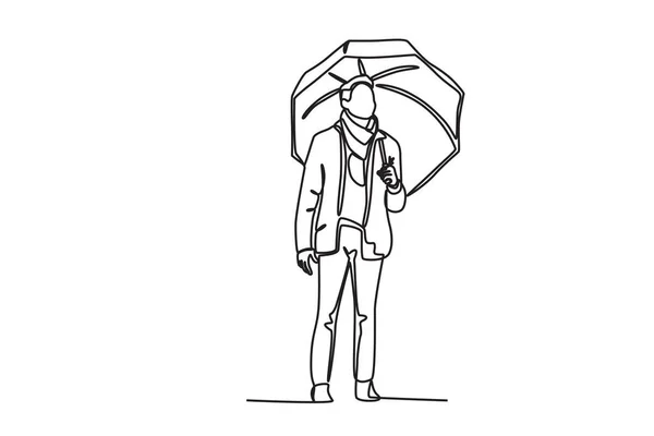 Man Wearing Umbrella Autumn One Line Drawing — Stock Vector