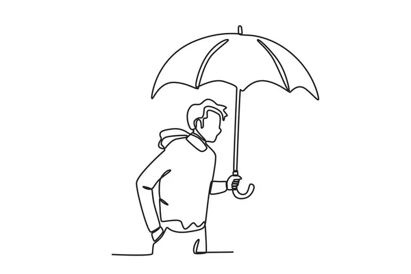 Man Walking Umbrella Autumn One Line Drawing — Stock Vector