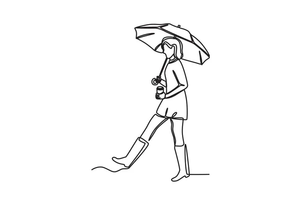 Una Mujer Que Lleva Paraguas Mientras Lleva Una Bebida Dibujo — Vector de stock