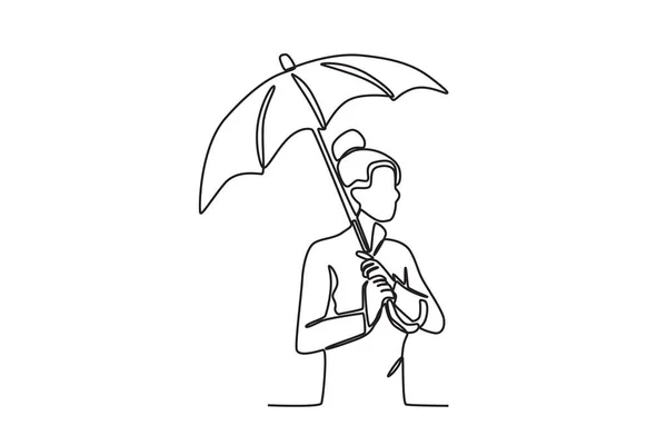 Woman Wearing Umbrella Autumn Autumn One Line Drawing — Stock Vector
