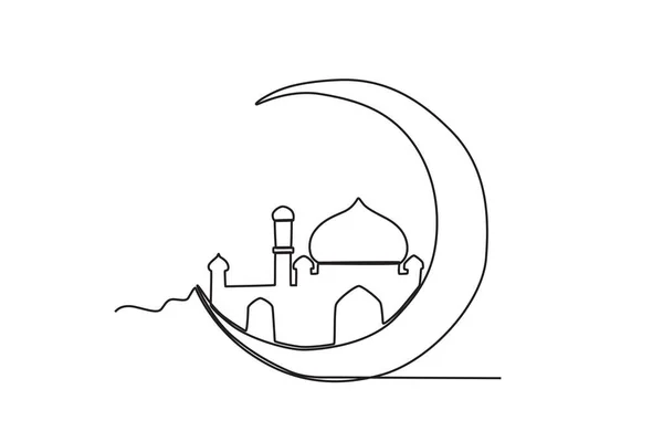 Mešita Obíhající Kolem Půlměsíce Mawlid Jednořádkový Výkres — Stockový vektor