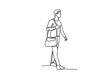 A tourist walks over carrying a bag. World tourism day one-line drawing