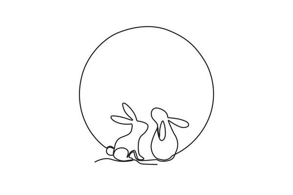 Два Кролика Пялятся Луну Осенний Рисунок Одну Линию — стоковый вектор