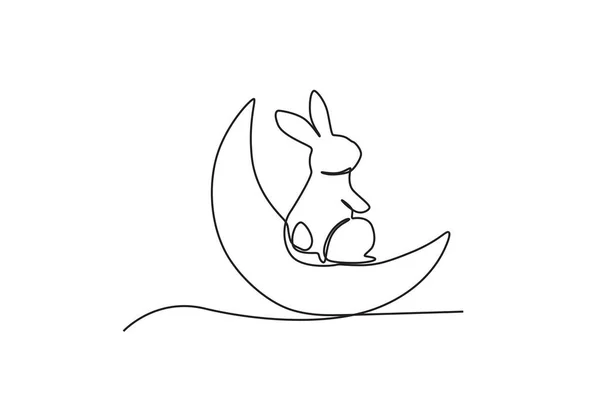 Vista Trasera Conejo Sentado Una Luna Creciente Dibujo Una Línea — Archivo Imágenes Vectoriales