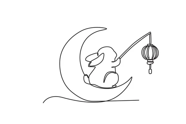 Pequeno Coelho Segurando Lanternas Lua Desenho Uma Linha Meio Outono —  Vetores de Stock