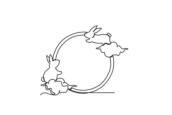 Два Кролика Играют Луне Осенний Рисунок Одну Линию — стоковый вектор