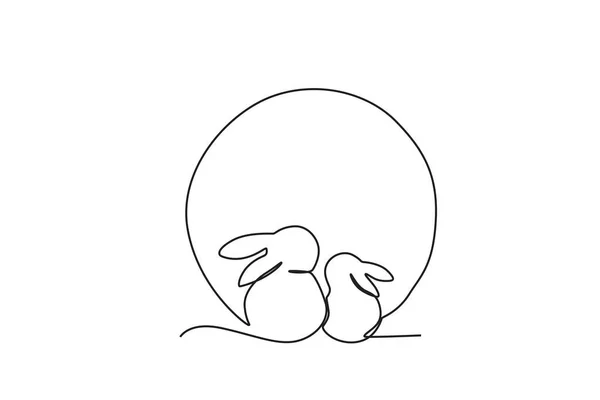 Due Conigli Sedevano Fissare Luna Piena Metà Autunno Disegno Una — Vettoriale Stock