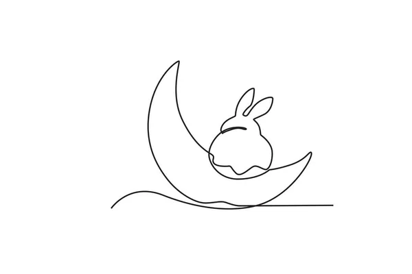 Маленький Кролик Сидит Полумесяце Осенний Рисунок Одну Линию — стоковый вектор