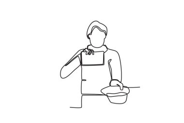 Elinde kağıt ve bağış kutusu olan evsiz bir adam. Evsiz tek satırlık çizim