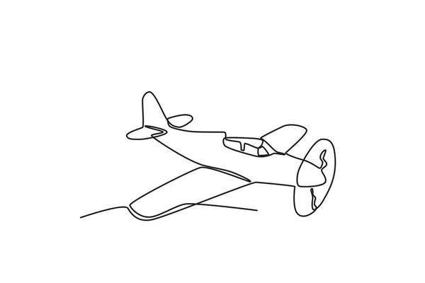 その前に巨大なプロペラを持つ古代の飛行機 ヴィンテージプレーンワンライン図面 — ストックベクタ