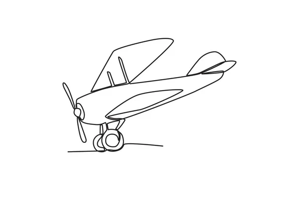 Lądowanie Klasycznego Samolotu Vintage Płaszczyzna Jednoliniowy Rysunek — Wektor stockowy