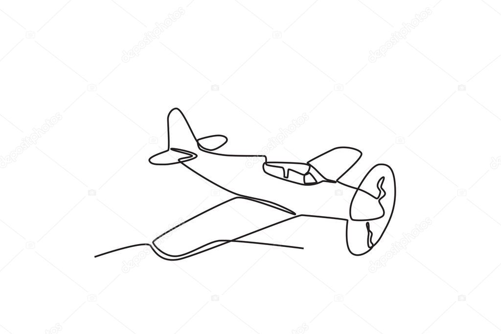 An ancient plane with a huge propeller in front of it. Vintage plane one-line drawing