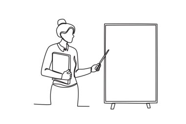 Araştırmasını sunan bir öğrenci. Sunum tek satırlık çizim