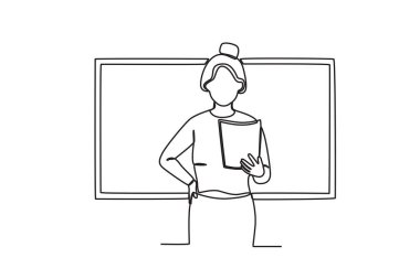 Bir öğretmen sınıfta ders verir. Sunum tek satırlık çizim