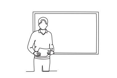 Bir öğrenci grup çalışmasının sonuçlarını sunar. Sunum tek satırlık çizim